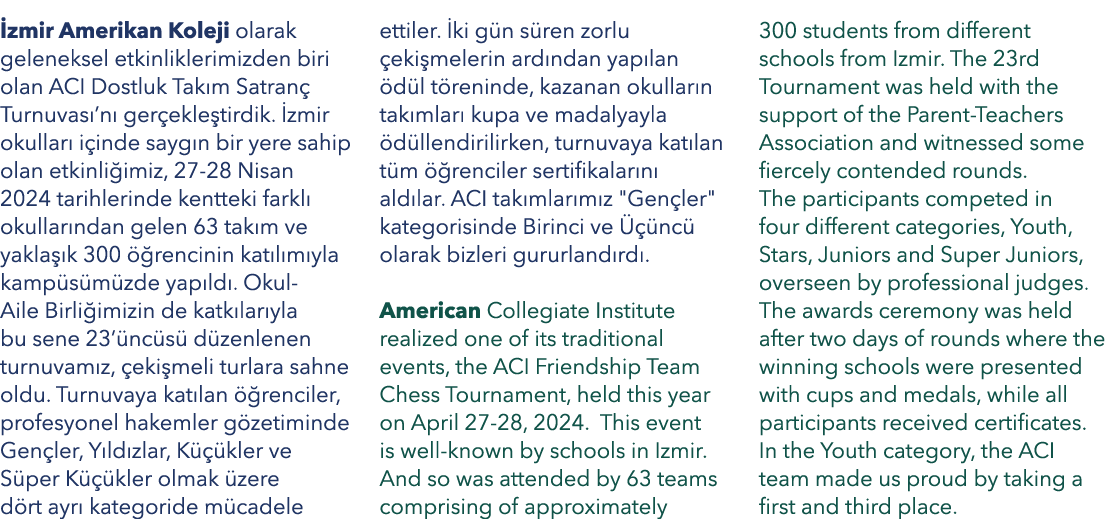  zmir Amerikan Koleji olarak geleneksel etkinliklerimizden biri olan ACI Dostluk Tak m Satran Turnuvas ’n  ger ekle ...
