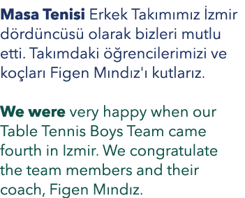 Masa Tenisi Erkek Tak m m z zmir d rd nc s  olarak bizleri mutlu etti. Tak mdaki   rencilerimizi ve ko lar  Figen M ...