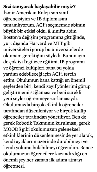 Sizi tanıyarak başlayabilir miyiz   İzmir Amerikan Koleji son sınıf öğrencisiyim ve IB diplomasını tamamlıyorum  ACI    
