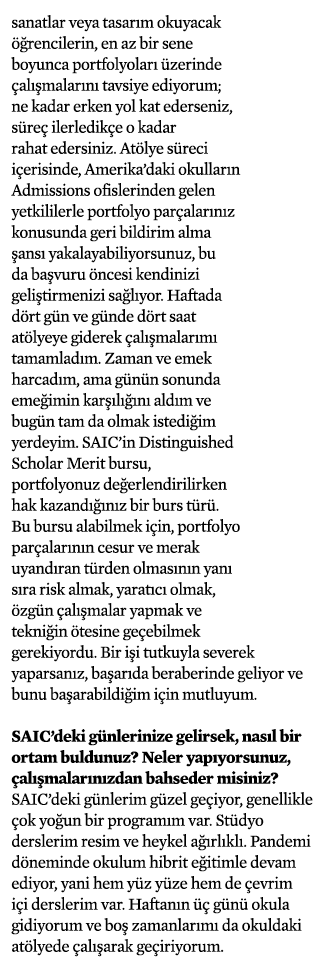 sanatlar veya tasarım okuyacak öğrencilerin, en az bir sene boyunca portfolyoları üzerinde çalışmalarını tavsiye ediy   