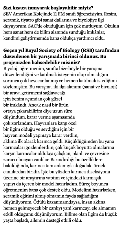 Sizi kısaca tanıyarak başlayabilir miyiz  SEV Amerikan Kolejinde 11 FM sınıfı öğrencisiyim  Resim, seramik, tiyatro g   
