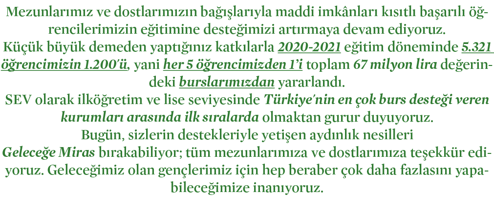 Mezunlarımız ve dostlarımızın bağışlarıyla maddi imkânları kısıtlı başarılı öğrencilerimizin eğitimine desteğimizi ar   