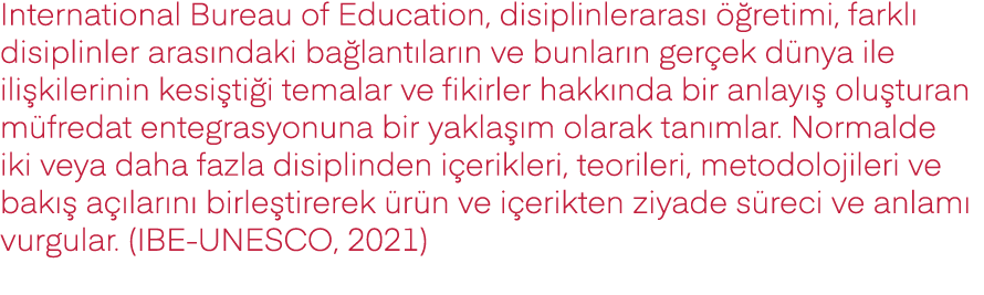 International Bureau of Education, disiplinlerarası öğretimi, farklı disiplinler arasındaki bağlantıların ve bunların   