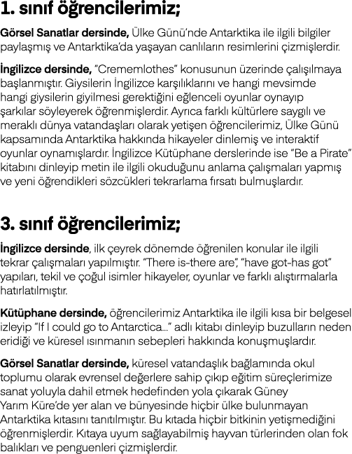 1  sınıf öğrencilerimiz; Görsel Sanatlar dersinde, Ülke Günü nde Antarktika ile ilgili bilgiler paylaşmış ve Antarkti   