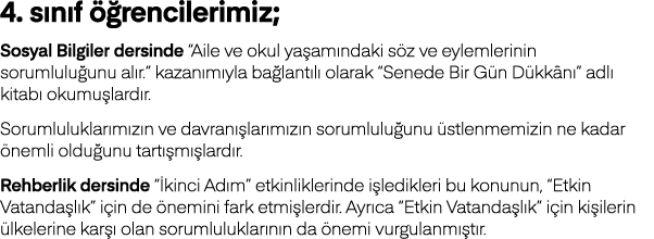 4  sınıf öğrencilerimiz; Sosyal Bilgiler dersinde  Aile ve okul yaşamındaki söz ve eylemlerinin sorumluluğunu alır      