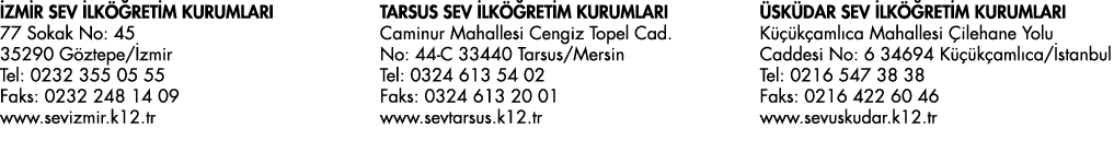 İZMİR SEV İLKÖĞRETİM KURUMLARI 77 Sokak No: 45 35290 Göztepe İzmir Tel: 0232 355 05 55 Faks: 0232 248 14 09 www seviz   