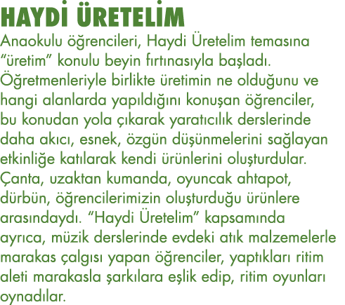 HAYDİ ÜRETELİM Anaokulu öğrencileri, Haydi Üretelim temasına  üretim  konulu beyin fırtınasıyla başladı  Öğretmenleri   
