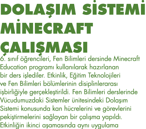 DOLAŞIM SİSTEMİ MİNECRAFT ÇALIŞMASI 6  sınıf öğrencileri, Fen Bilimleri dersinde Minecraft Education programı kullanı   