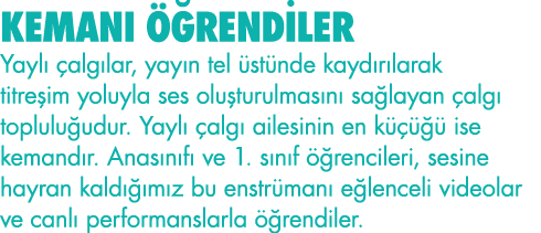 KEMANI ÖĞRENDİLER Yaylı çalgılar, yayın tel üstünde kaydırılarak titreşim yoluyla ses oluşturulmasını sağlayan çalgı    