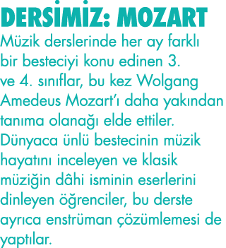 DERSİMİZ: MOZART Müzik derslerinde her ay farklı bir besteciyi konu edinen 3  ve 4  sınıflar, bu kez Wolgang Amedeus    