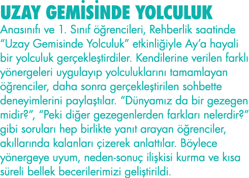 UZAY GEMİSİNDE YOLCULUK Anasınıfı ve 1  Sınıf öğrencileri, Rehberlik saatinde  Uzay Gemisinde Yolculuk  etkinliğiyle    