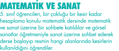 MATEMATİK VE SANAT 5  sınıf öğrencileri, bir çokluğu bir kesir kadar hesaplama konulu matematik dersinde matematik ve   