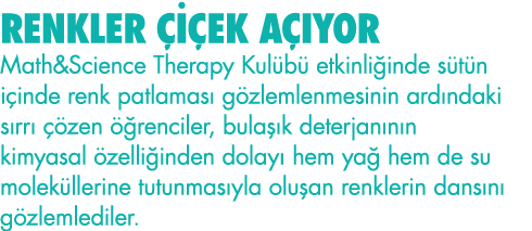 RENKLER ÇİÇEK AÇIYOR Math&Science Therapy Kulübü etkinliğinde sütün içinde renk patlaması gözlemlenmesinin ardındaki    
