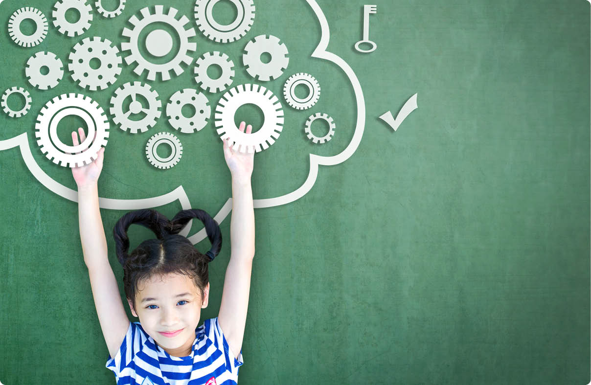 School girl kid student with cloud computing mind, smart brain imagination doodle on chalkboard for science technology education, children psychology and mental health awareness concept