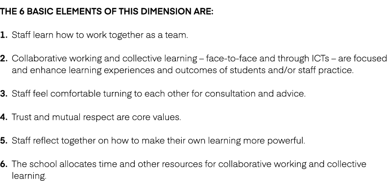 The 6 basic elements of this dimension are: 1. Staff learn how to work together as a team. 2. Collaborative working a...