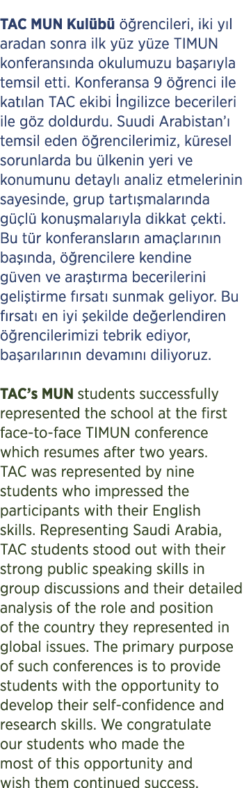 TAC MUN Kul b   rencileri, iki y l aradan sonra ilk y z y ze TIMUN konferans nda okulumuzu ba ar yla temsil etti. Ko...
