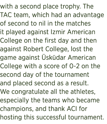 with a second place trophy. The TAC team, which had an advantage of second to nil in the matches it played against Iz...