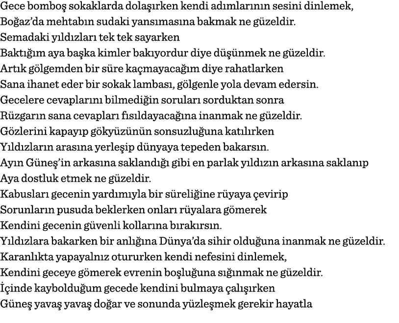 Gece bomboş sokaklarda dolaşırken kendi adımlarının sesini dinlemek, Boğaz da mehtabın sudaki yansımasına bakmak ne g   