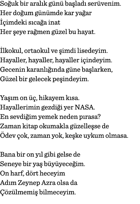 Soğuk bir aralık günü başladı serüvenim  Her doğum günümde kar yağar İçimdeki sıcağa inat Her şeye rağmen güzel bu ha   