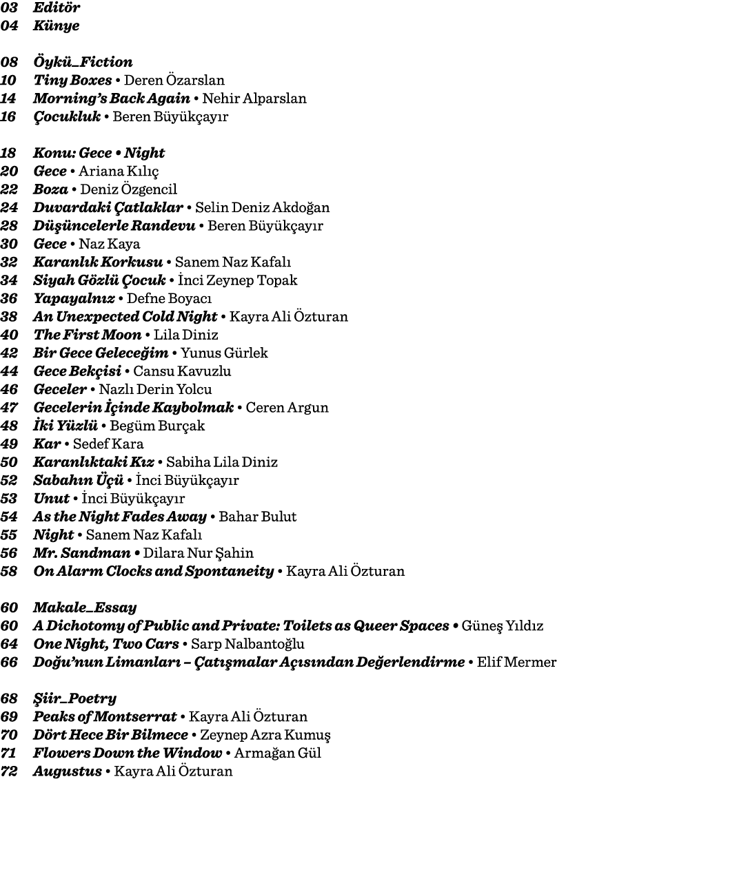 03 Editör 04 Künye 08 Öykü_Fiction 10 Tiny Boxes   Deren Özarslan 14 Morning s Back Again   Nehir Alparslan 16 Çocukl   