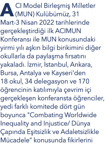 ACI Model Birle mi Milletler (MUN) Kul b m z, 31 Mart 3 Nisan 2022 tarihlerinde ger ekle tirdi i ilk ACIMUN Konferan...