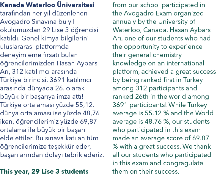 from our school participated in the Avogadro Exam organized annualy by the University of Waterloo, Canada. Hasan Ayba...