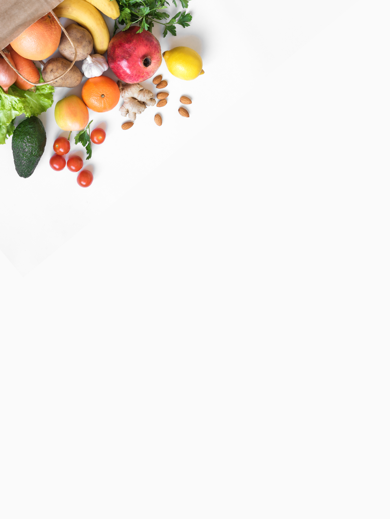Healthy food background. Healthy vegan vegetarian food in paper bag vegetables and fruits on white, copy space, banner. Shopping food supermarket and clean vegan eating concept.