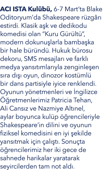 ACI ISTA Kul b , 6 7 Mart’ta Blake Oditoryum’da Shakespeare r zg r estirdi. Klasik a k ve dedikodu komedisi olan “Ku...
