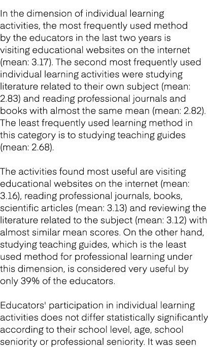 In the dimension of individual learning activities, the most frequently used method by the educators in the last two ...
