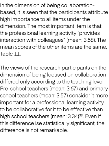 In the dimension of being collaboration based, it is seen that the participants attribute high importance to all item...