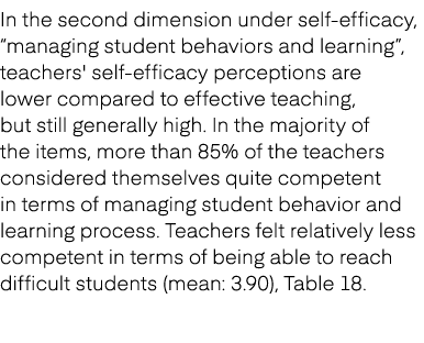 In the second dimension under self efficacy, “managing student behaviors and learning”, teachers' self efficacy perce...