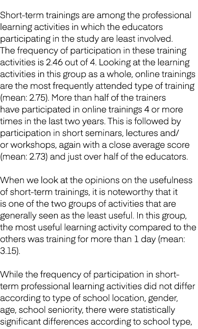 Short term trainings are among the professional learning activities in which the educators participating in the study...