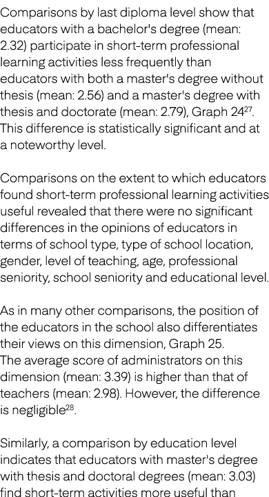 Comparisons by last diploma level show that educators with a bachelor's degree (mean: 2.32) participate in short term...