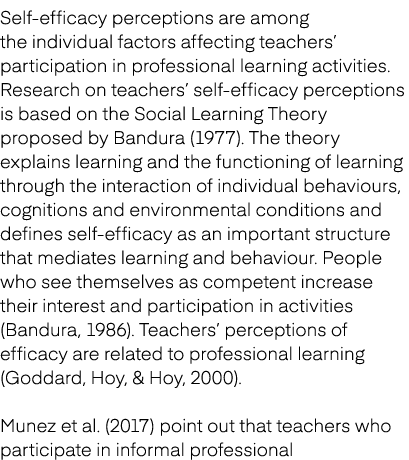 Self efficacy perceptions are among the individual factors affecting teachers’ participation in professional learning...