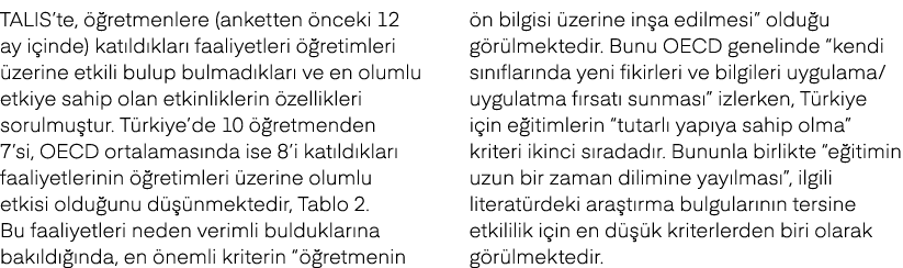 TALIS’te,  retmenlere (anketten  nceki 12 ay i inde) kat ld klar  faaliyetleri   retimleri  zerine etkili bulup bulm...