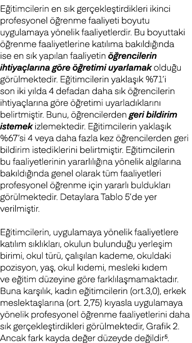 E itimcilerin en s k ger ekle tirdikleri ikinci profesyonel  renme faaliyeti boyutu uygulamaya y nelik faaliyetlerdi...