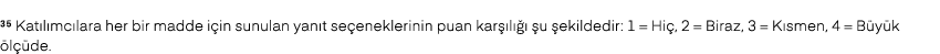 35 Kat l mc lara her bir madde i in sunulan yan t se eneklerinin puan kar l     u  ekildedir: 1 = Hi , 2 = Biraz, 3 ...