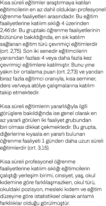 K sa s reli e itimler ara t rmaya kat lan e itimcilerin en az dahil olduklar profesyonel   renme faaliyetleri aras n...
