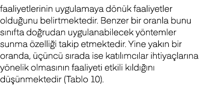 faaliyetlerinin uygulamaya d n k faaliyetler oldu unu belirtmektedir. Benzer bir oranla bunu s n fta do rudan uygulan...