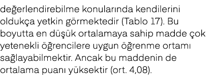 de erlendirebilme konular nda kendilerini olduk a yetkin g rmektedir (Tablo 17). Bu boyutta en d  k ortalamaya sahip...