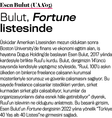 Esen Bulut (UAA’03) Bulut, Fortune listesinde sk dar Amerikan Lisesinden mezun olduktan sonra Boston University’de f...