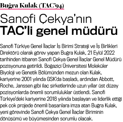 Bu ra Kulak (TAC’94) Sanofi ekya’n n TAC’li genel m d r  Sanofi T rkiye Genel  la lar    Birimi Strateji ve    Birli...