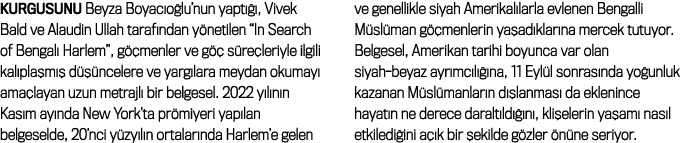 Kurgusunu Beyza Boyac o lu’nun yapt  , Vivek Bald ve Alaudin Ullah taraf ndan y netilen “In Search of Bengal  Harlem...
