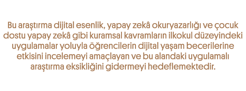 Bu ara t rma dijital esenlik, yapay zek okuryazarl    ve  ocuk dostu yapay zek  gibi kuramsal kavramlar n ilkokul d ...