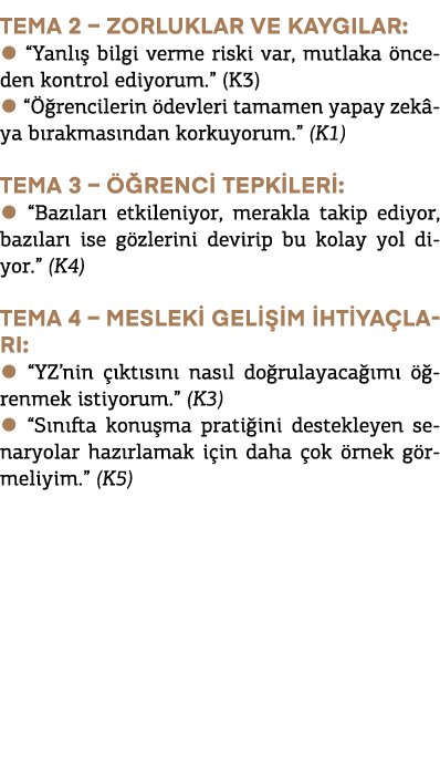 Tema 2 – Zorluklar ve Kayg lar: ● “Yanl  bilgi verme riski var, mutlaka  nceden kontrol ediyorum.” (K3) ● “  rencile...