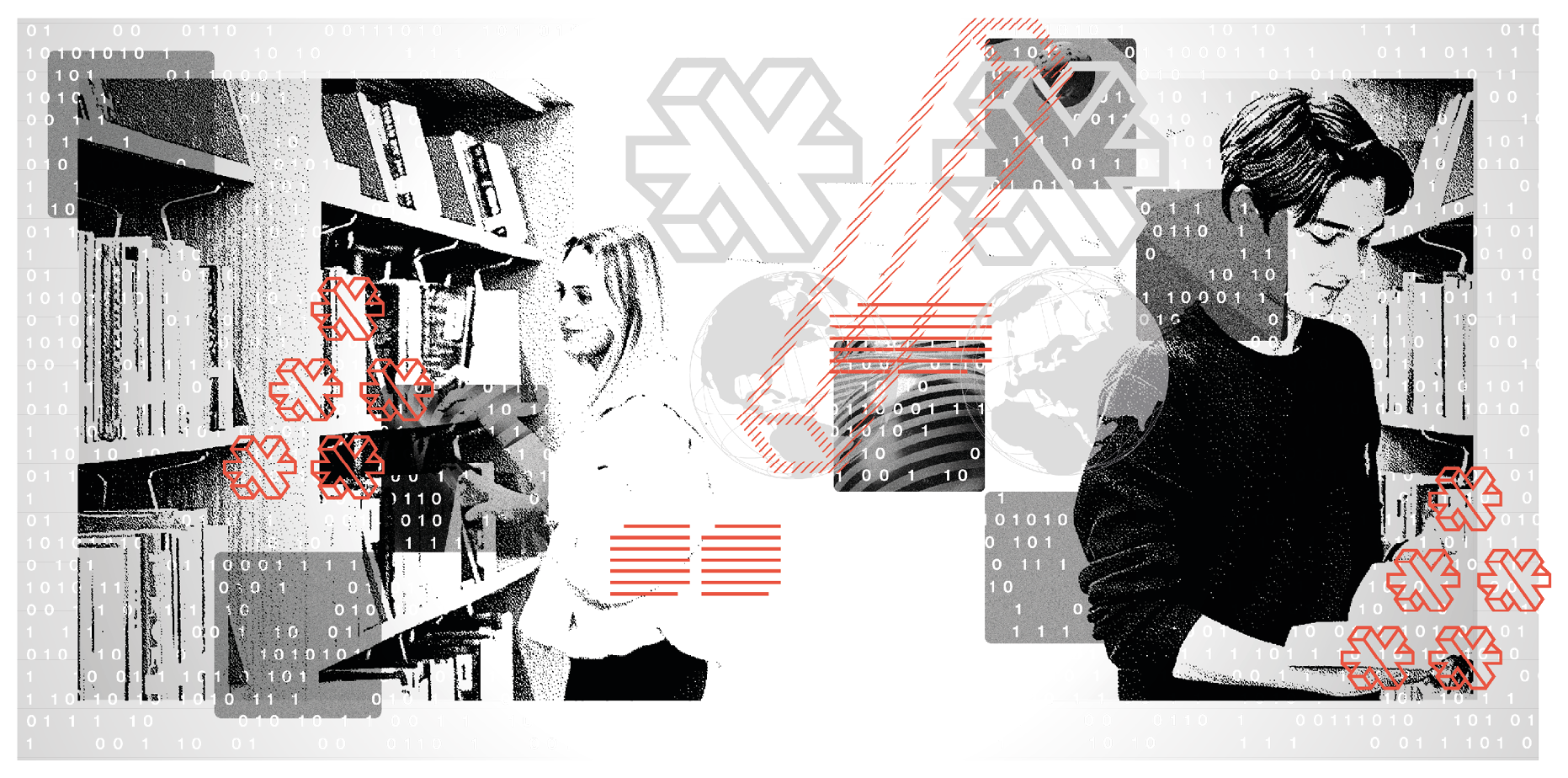A black and white image of a man and a woman in a library. AI generated content