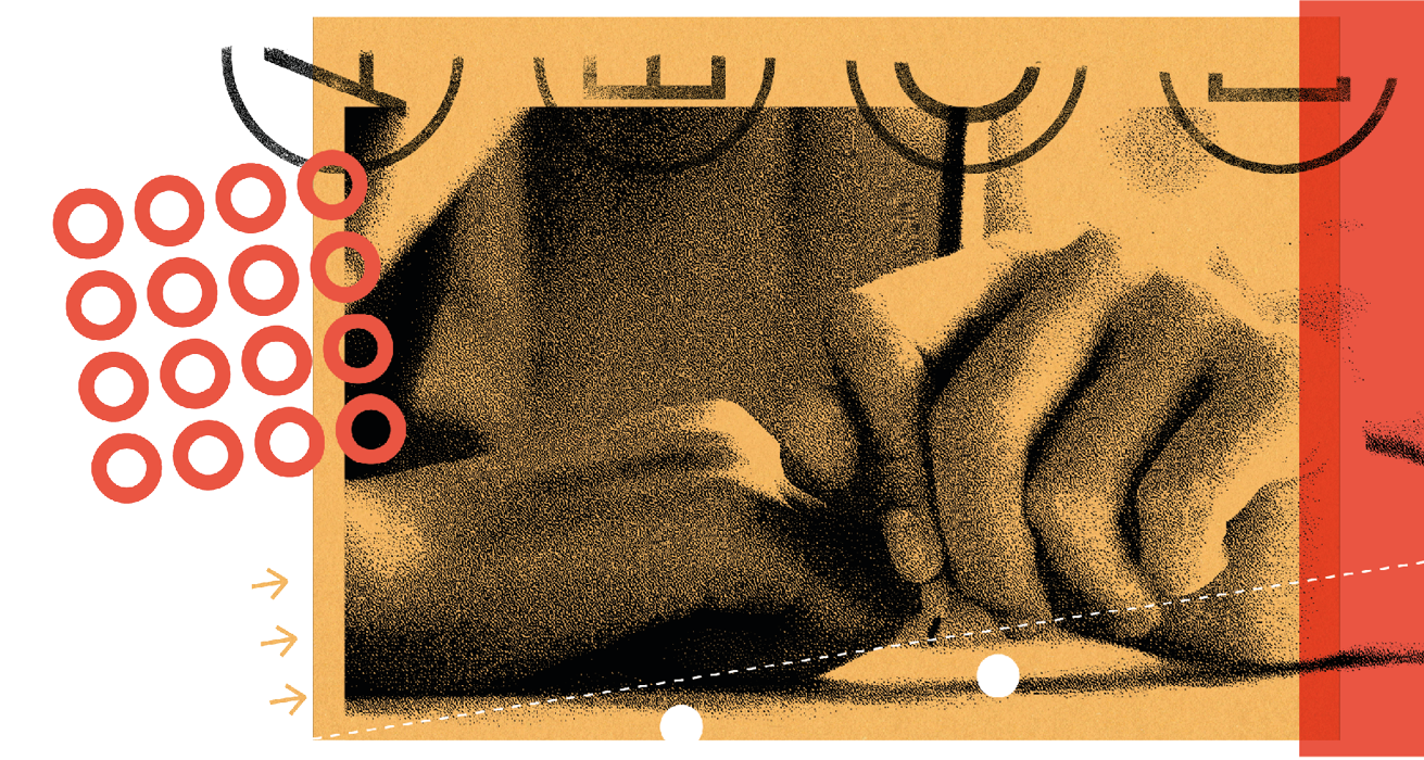 A red and white image of a person with their hand on their face. AI generated content