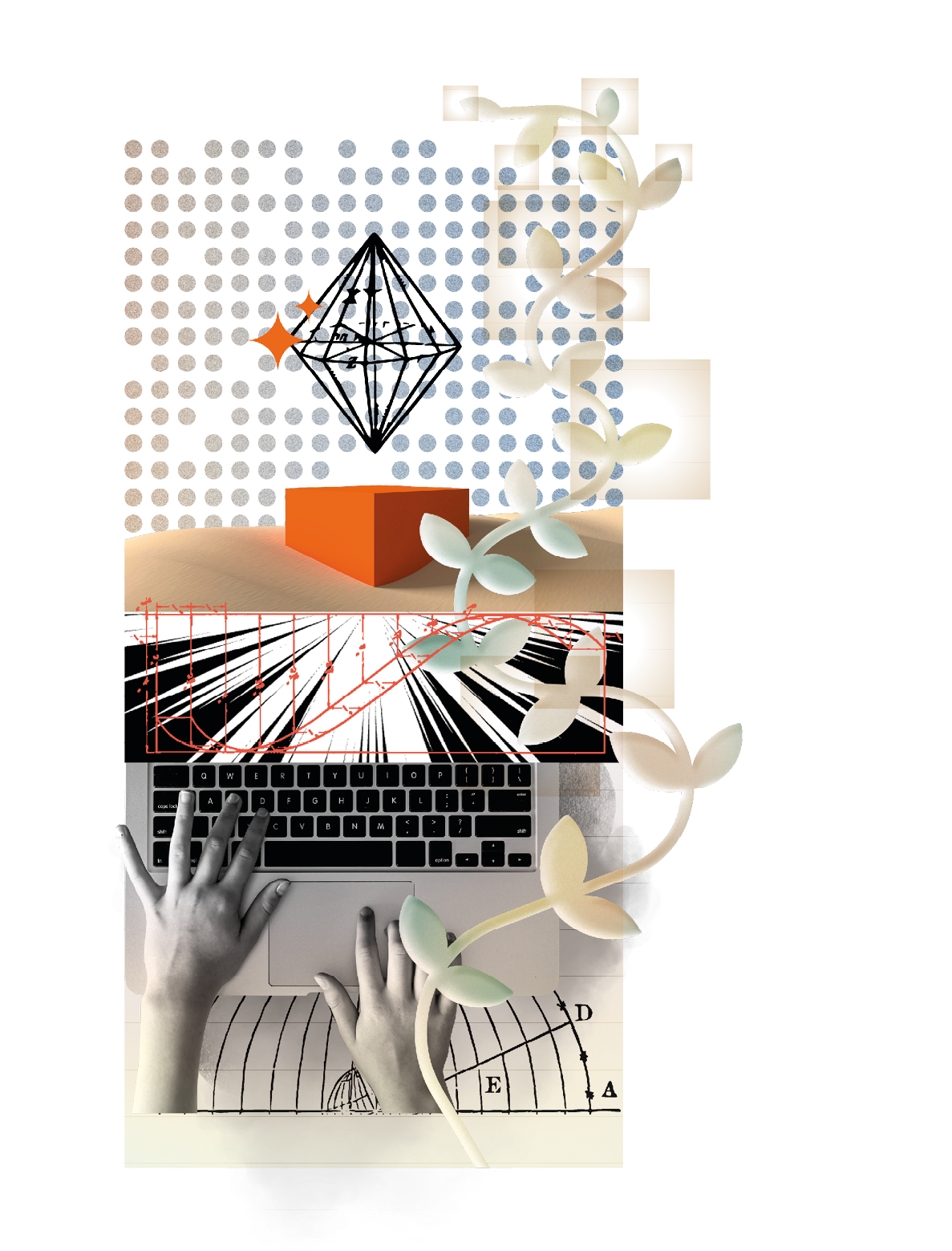 A collage of images, including a triangle, a keyboard, and a hand. AI generated content