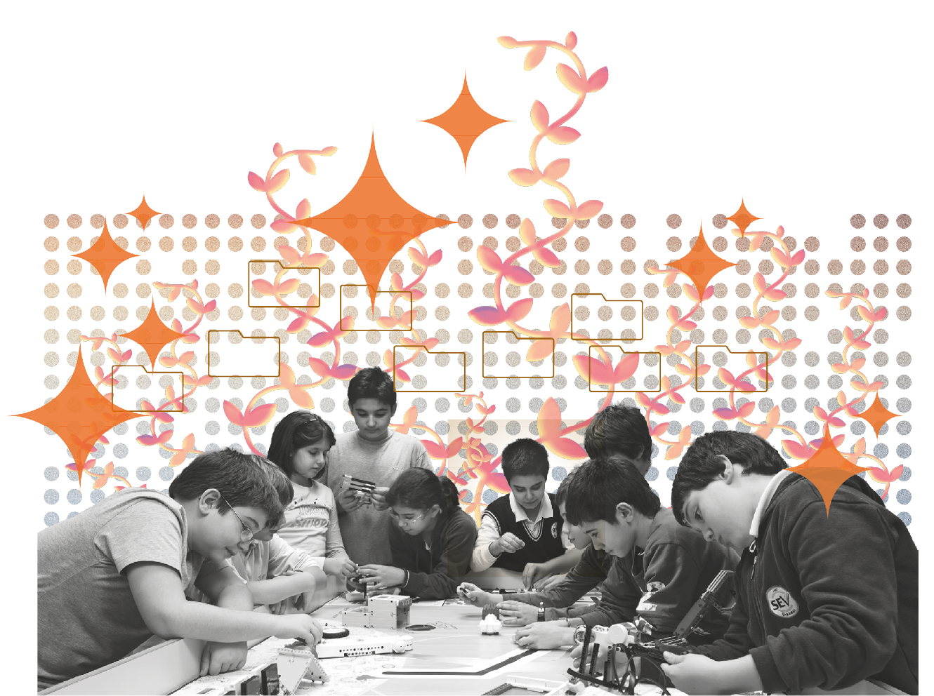 A group of people are sitting around a table, looking at a book. AI generated content