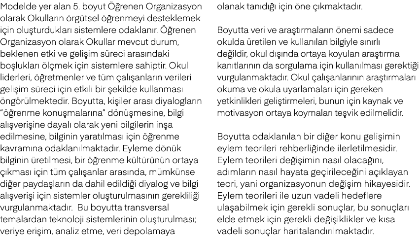 Modelde yer alan 5. boyut  renen Organizasyon olarak Okullar n  rg tsel   renmeyi desteklemek i in olu turduklar  si...
